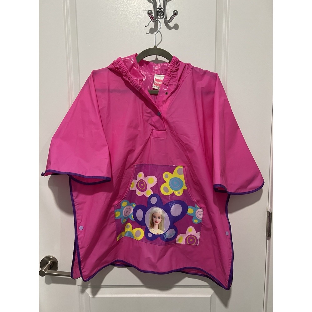 Vintage 2001 Barbie Rain Jacket Size 7 -‎ 12  Pink Hooded Poncho Pocket